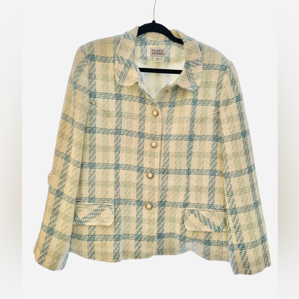 Vintage 90s Plaid White Blue Metallic Jacket XL